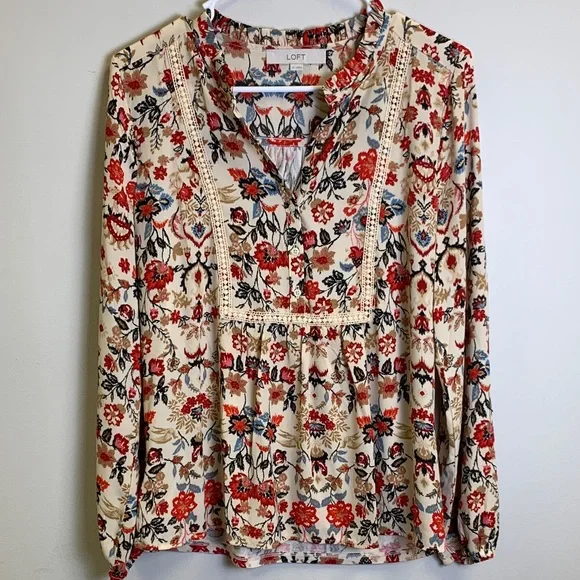 LOFT Floral Blouse with Red, Blue, and Cream Accents - Picture 1 of 4